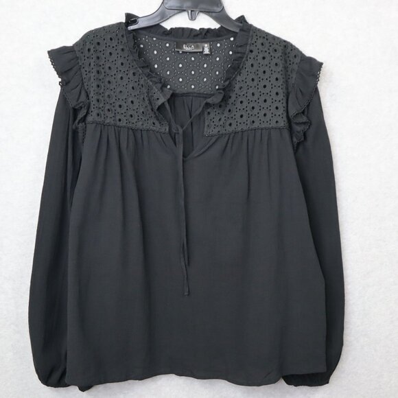 Ella Rafaella Eyelet Top‎ Womens Plus 1X Cotton Ruffles Black Peasant - Picture 1 of 11